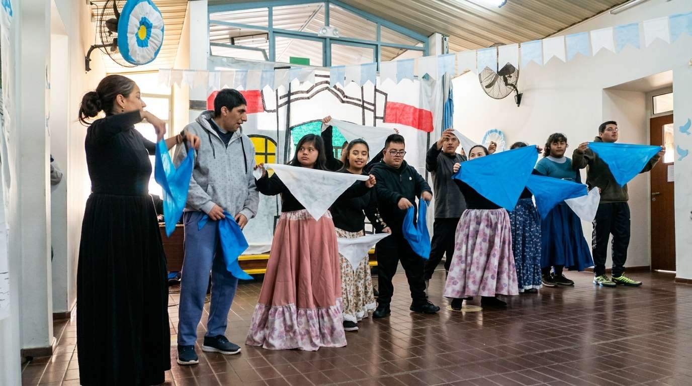 Acto patrio: alumnos vestidos con trajes tradicionales argentinos sostienen pañuelos celestes y blancos durante un ensayo de danza folklórica.
