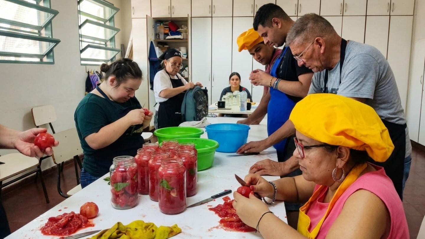 Taller de cocina: alumnos y profesionales preparan conserva de tomates en frascos sobre una mesa de trabajo.