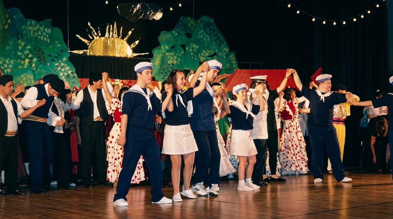 Archivo histórico IPSI: alumnos vestidos de marineros bailan en pareja sobre el escenario, con escenografía de árboles y un sol dorado al fondo.