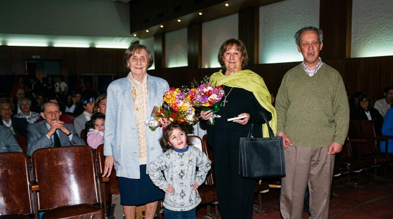 Archivo histórico IPSI: homenaje a referentes de la institución en un auditorio, dos mujeres reciben ramos de flores acompañadas por una niña y un colaborador.